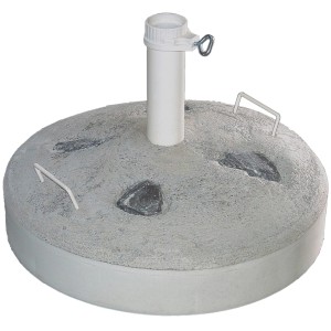 Weißer Sonnenschirmständer aus Beton (50 kg) mit Tragegriffen und Natursteineinlagen.