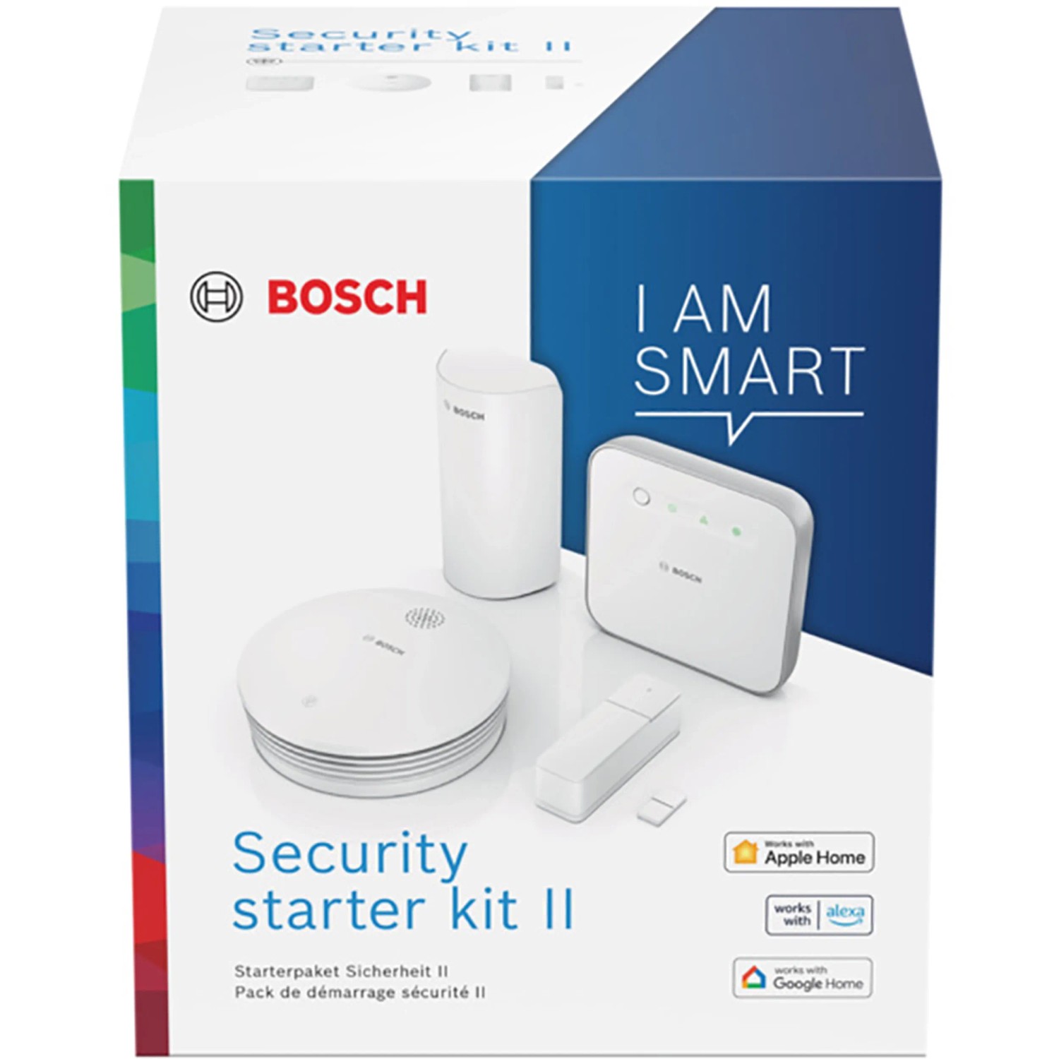 Bosch Smart Home Starter-Set Sicherheit II: Rauchmelder, Bewegungsmelder, Tür-/Fensterkontakt und Controller in Verpackung.