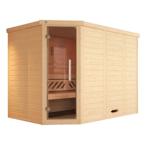 Weka Massivholzsauna Kemi Eck mit Glastür und Ofen, naturbelassenes Fichtenholz.