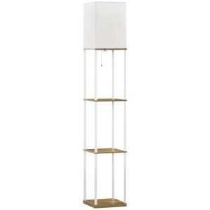 Weiße HOMCOM Stehlampe mit rechteckigem Stoffschirm und 3 hellbraunen Holzfächern. Moderne Innenleuchte mit Ablage.