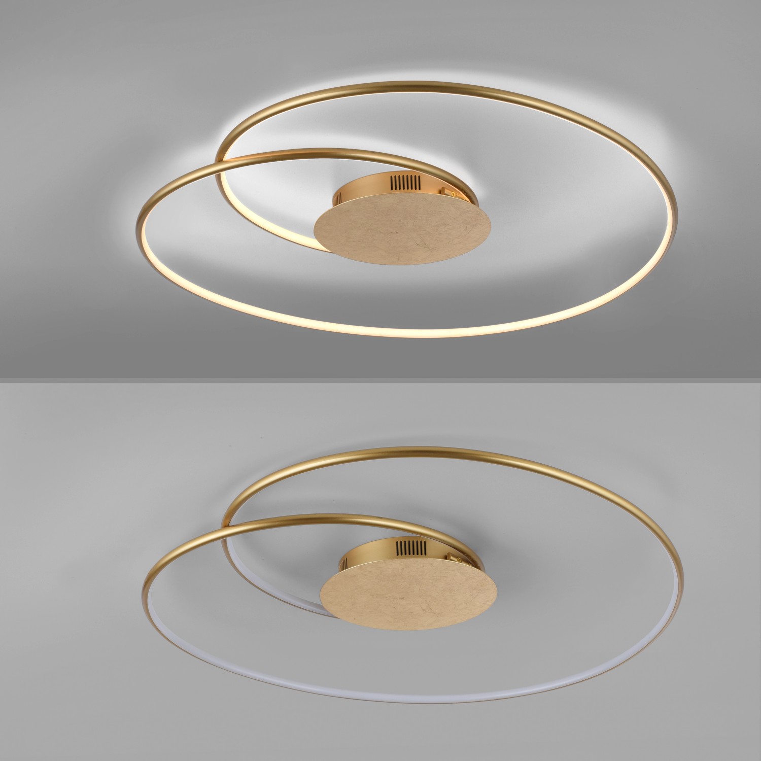 Goldene LED-Deckenleuchte Nastro von Paul Neuhaus, spiralförmiges Design, warmweißes Licht.