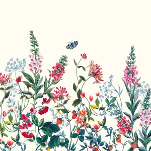 Joules Fototapete Permaculture Garden mit Blumen, Erdbeeren und Schmetterling in Rosa und Grün.
