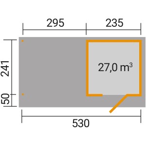 Grundriss Holz-Gartenhaus Florenz mit Flachdach, 530x314 cm. Maße und Raumaufteilung des unbehandelten Gartenhauses.