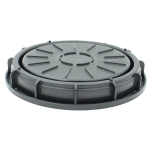 Dunkelgrauer runder Kunststoffdeckel für IBC Tank DN 225. Geschlossener Schraubdeckel als Zubehör.