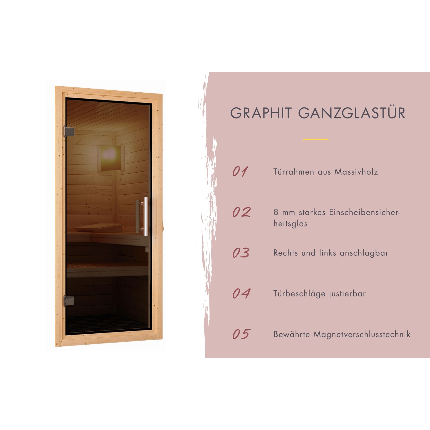 Karibu Sauna Marika: Detailaufnahme der Glastür mit Holzrahmen. Massivholzsauna Zubehör.