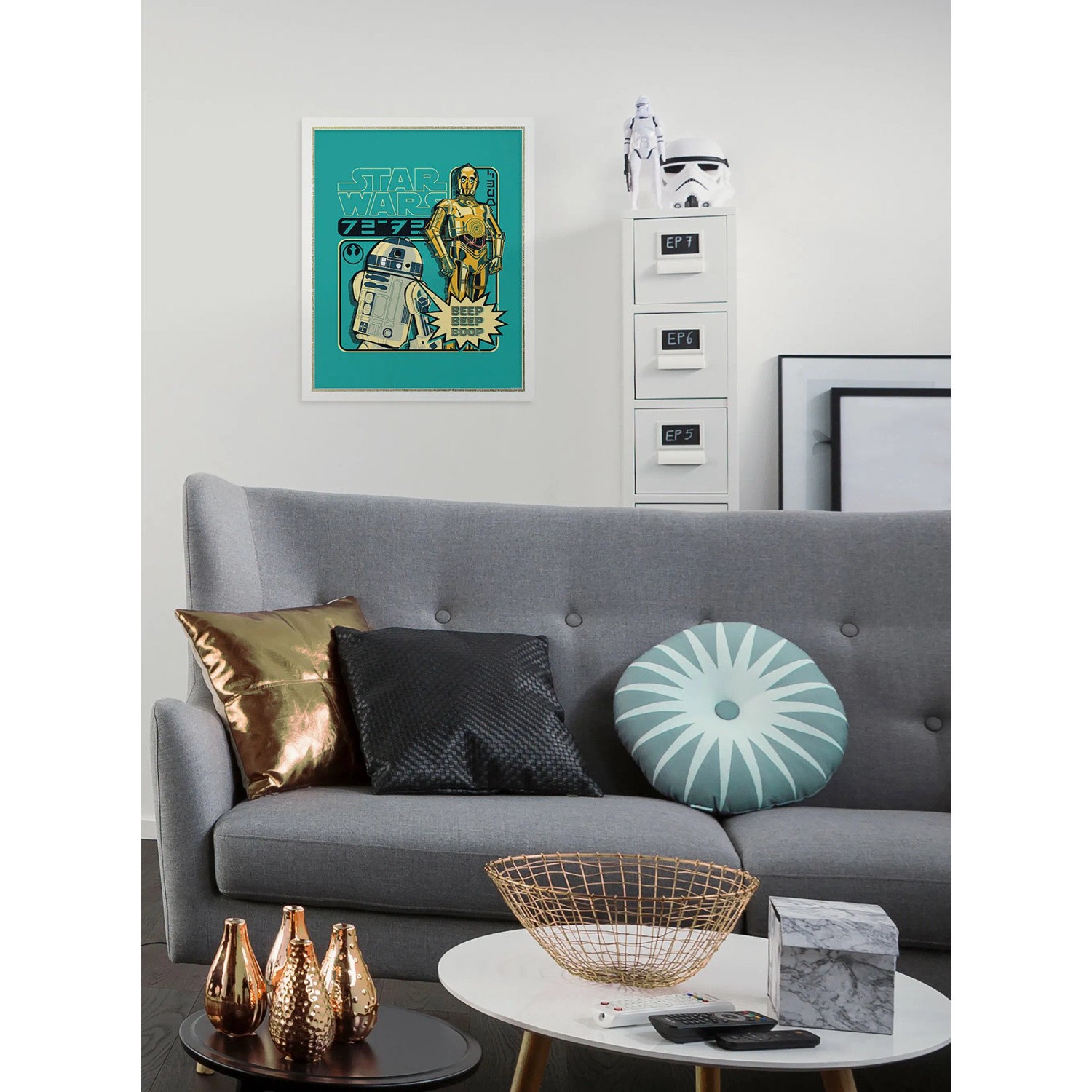 Komar Wandbild Star Wars Beep Boop, 30x40 cm, blau, mit R2-D2 und C-3PO Motiv.