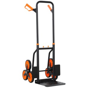 Schwarzer DURHAND Treppensteiger mit orangefarbenen Griffen und Dreiradsystem für einfachen Transport über Stufen und Treppen.