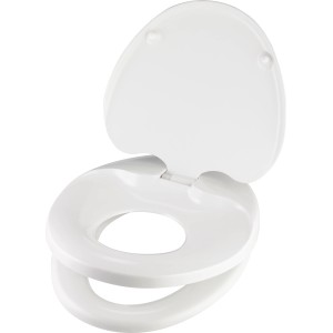 Weißer baliv WC-Sitz Fogo mit integriertem Kinder-WC-Sitz und geöffnetem Deckel.