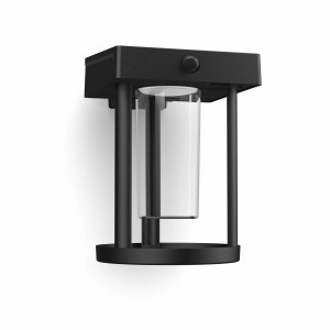 Schwarze Philips Solar-Wandleuchte Camill mit klarem, rundem Lampenschirm.