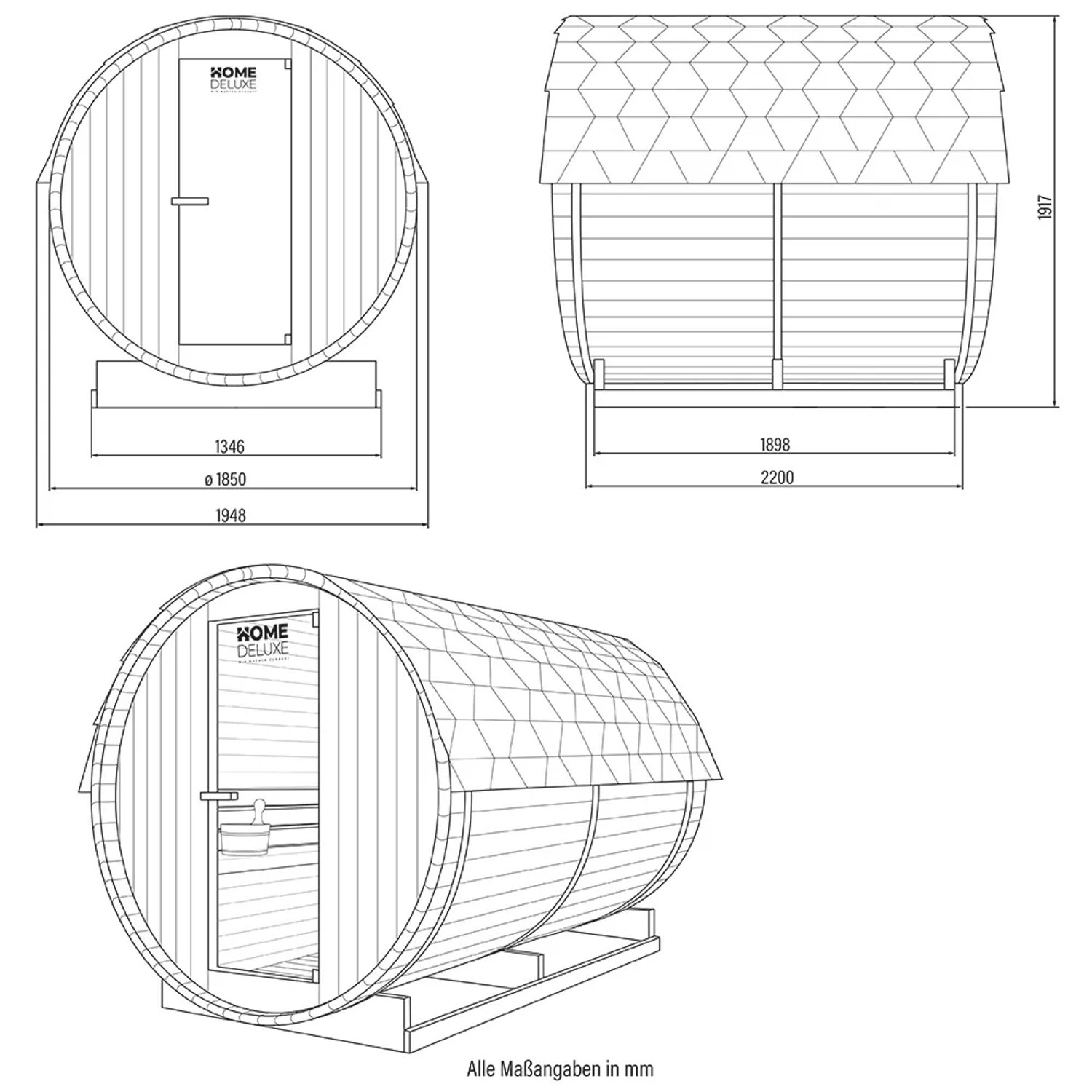 Technische Zeichnung Home Deluxe Fasssauna Lahti Deluxe XL mit Maßen.