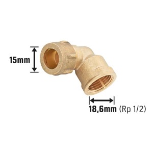 Klemm-Winkel aus Messing, 15 mm x 18,6 mm (Rp 1/2), für Kupferrohr-Verbindungen.