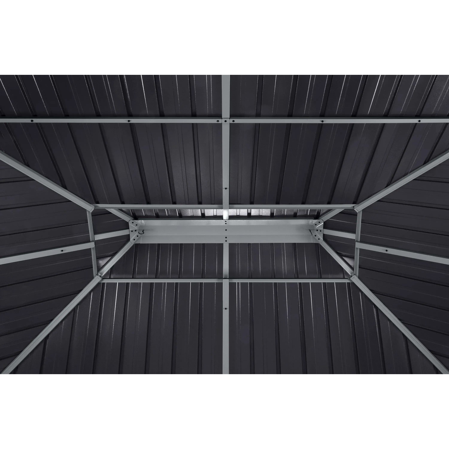 Innenansicht des Sojag Pavillon Olan 1014, schwarz, mit Dach aus Stahlblech und Aluminiumkonstruktion.
