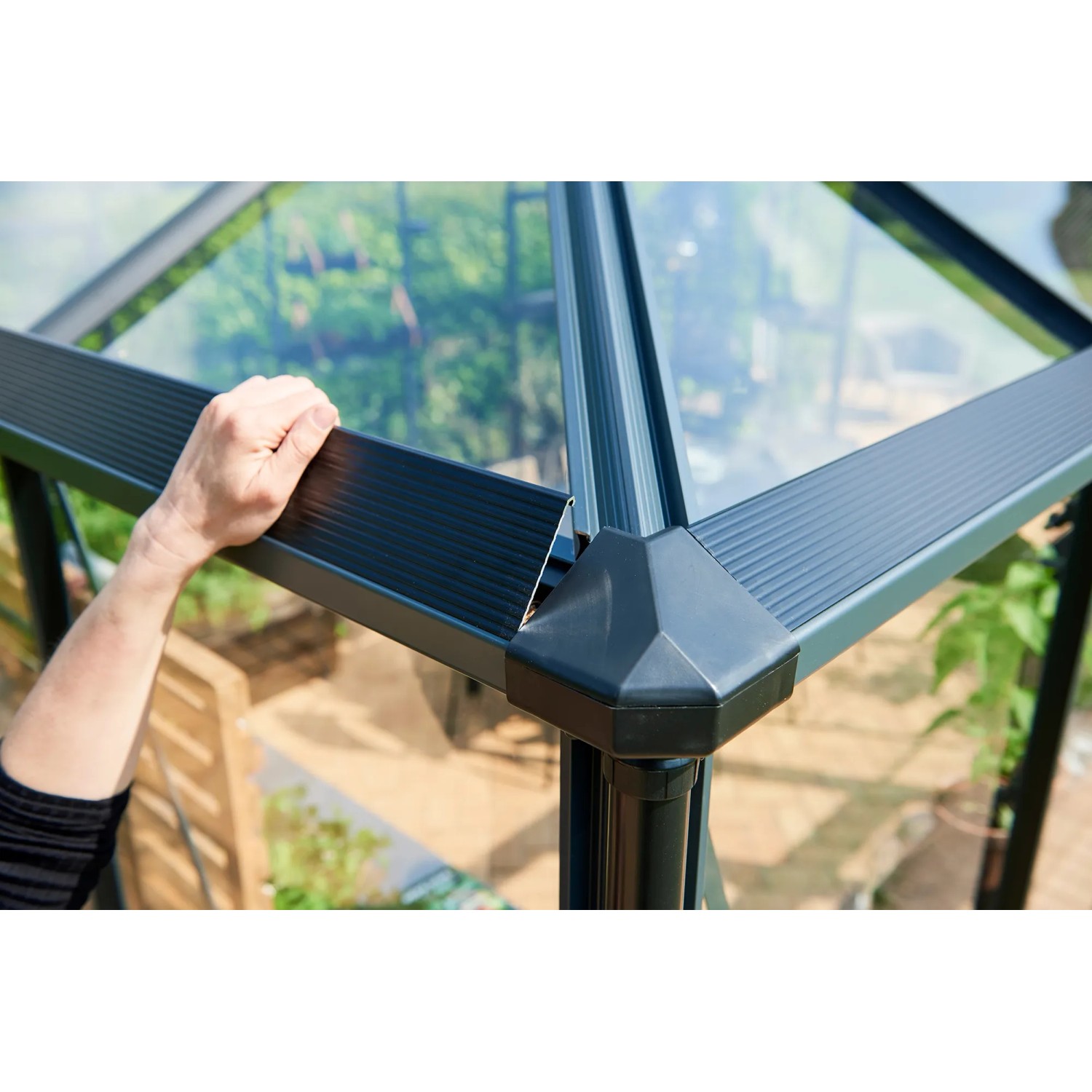 Detailaufnahme Juliana Gewächshaus Oase 8 Anthrazit: Aluminiumrahmen und Sicherheitsglas.