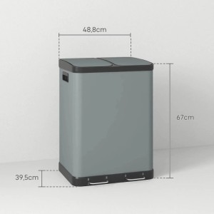 HOMCOM Duo-Mülleimer aus grauem Metall mit zwei Fächern, Pedalöffnung und Soft-Close-Deckeln. Maße: 48,8x39,5x67 cm.