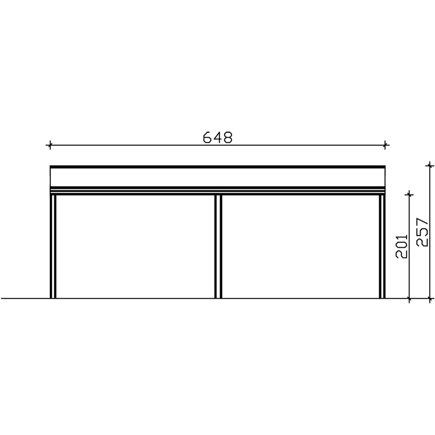 Technische Zeichnung einer weißen Terrassenüberdachung Garda aus Aluminium, 648 x 307 cm.
