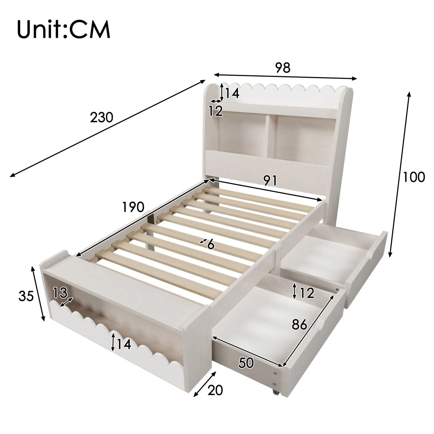 okwish Kinderbett 90x190cm mit Schubladen und Sitzbank Kinderzimmer Weiß ohne Matratze_5