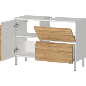 Germania Waschbeckenunterschrank GW-TORRANCE, weiß, 80 cm breit, mit Eiche-Front und Schublade.