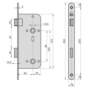 Technische Zeichnung Basi Einsteckschloss ES 924 für WC-BAD Türen mit abgerundetem Stulp (18mm) und Maßen.