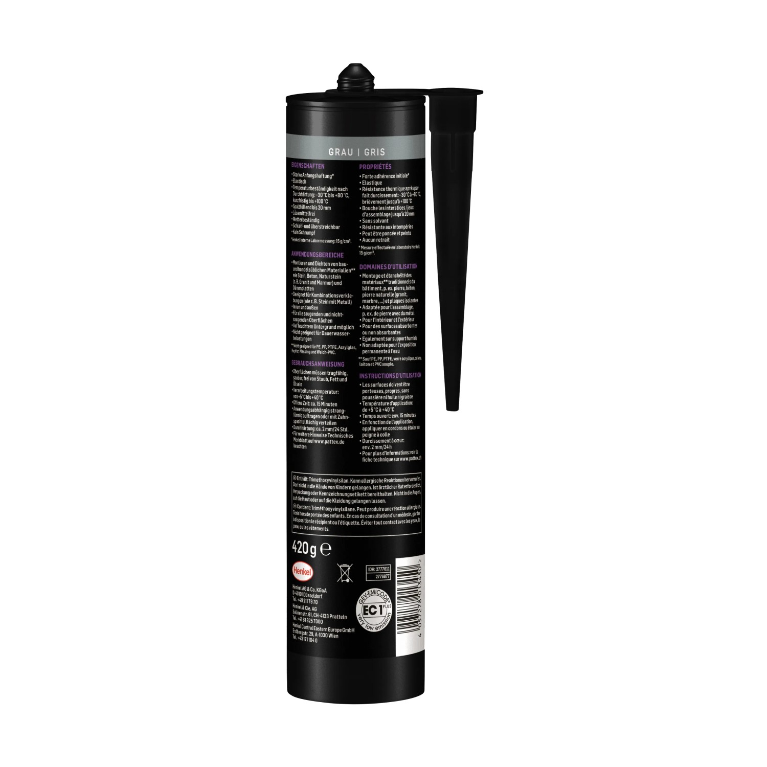 Pattex Montagekleber Stein Grau, 420g Kartusche für starkes Kleben von Stein und Naturstein.