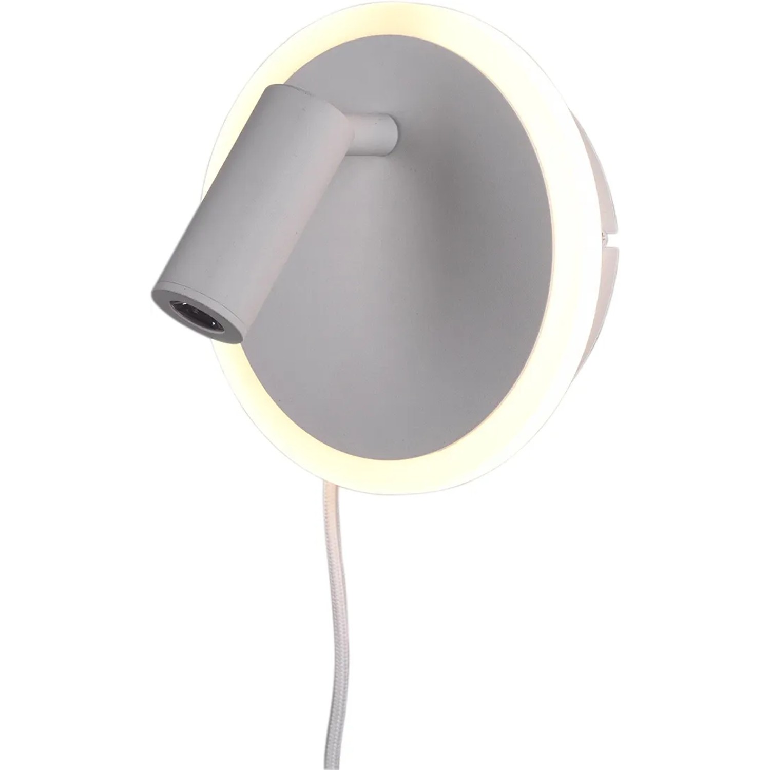 Weiße, dimmbare LED-Wandleuchte Jordan von Trio mit flexiblem Lesearm und ringförmiger Beleuchtung.