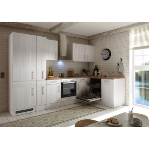 Respekta Winkelküche im Landhausstil, 310 cm, Lärche Weiß Nachbildung mit E-Geräten und Spüle.