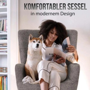 Frau liest im beigen MCW Loungesessel mit Hund. Gemütlicher Sessel mit Chenille-Bezug.