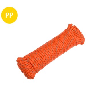 Orangefarbenes Conacord Reflektorseil, 4,8 mm x 15 m, aus Polypropylen, mit reflektierenden Streifen, aufgerollt.