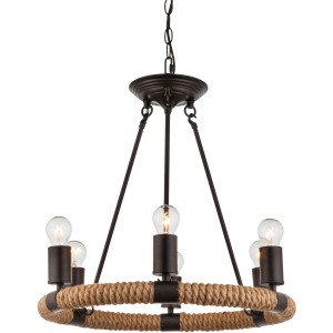 Schwarze Globo Pendelleuchte ULLEU mit Ring aus Hanfseil, sechsflammig.