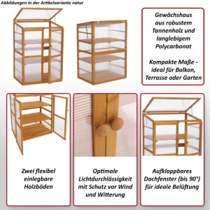 MCW Gewächshaus Q13 aus Holz, 110x76x57cm, mit aufklappbarem Dachfenster und Regalböden.