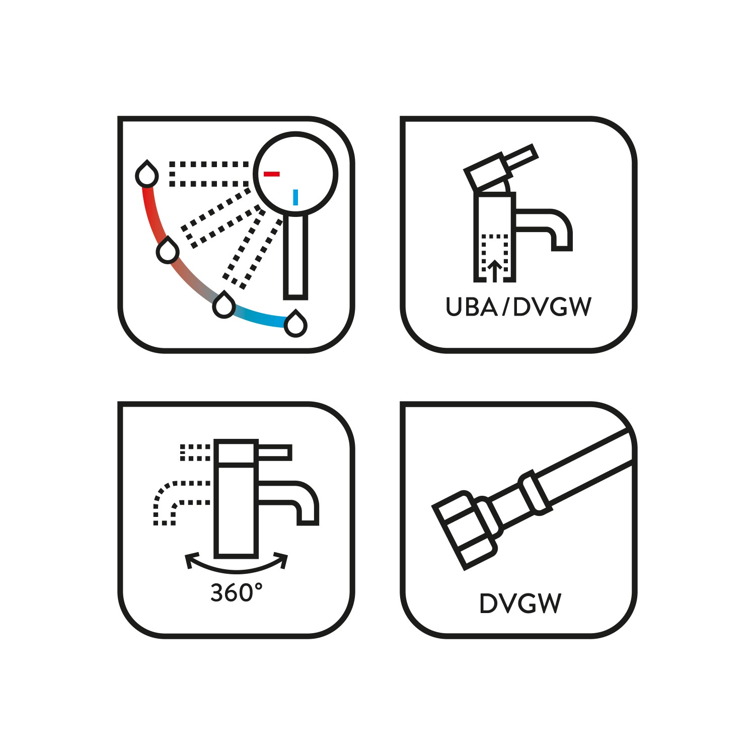 Piktogramme der baliv Küchenarmatur KI-1831: Kaltstart, UBA/DVGW-Zertifizierung, 360° Schwenkbereich, DVGW-Schlauch.