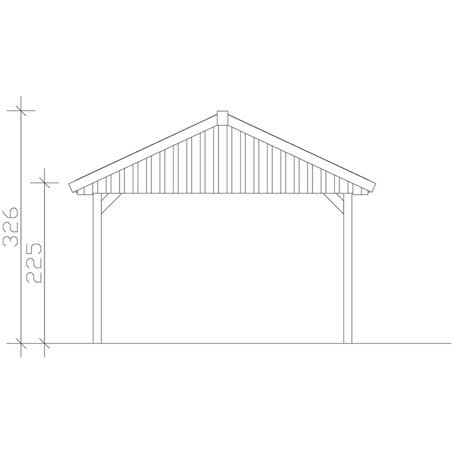 Skizze Satteldach-Carport Wallgau 430x500 mit schwarzen Schindeln, Seitenansicht mit Maßen.
