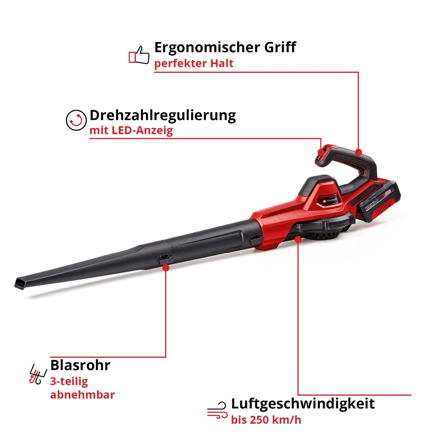 Einhell Akku-Laubbläser GE-UB 18/250 Li E mit Akku, rot-schwarz. Laubbläser mit Blasrohr und ergonomischem Griff.