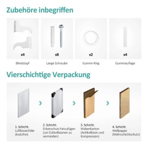 Montageset für Emke Heizkörper: Blindstopfen, Schrauben, Gummiringe. Dazu vierlagige Schutzverpackung mit Luftkissenfolie und Karton.