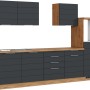 Moderne Küchenzeile, 300 cm, matt grau und Wotaneiche Dekor, ohne Elektrogeräte.