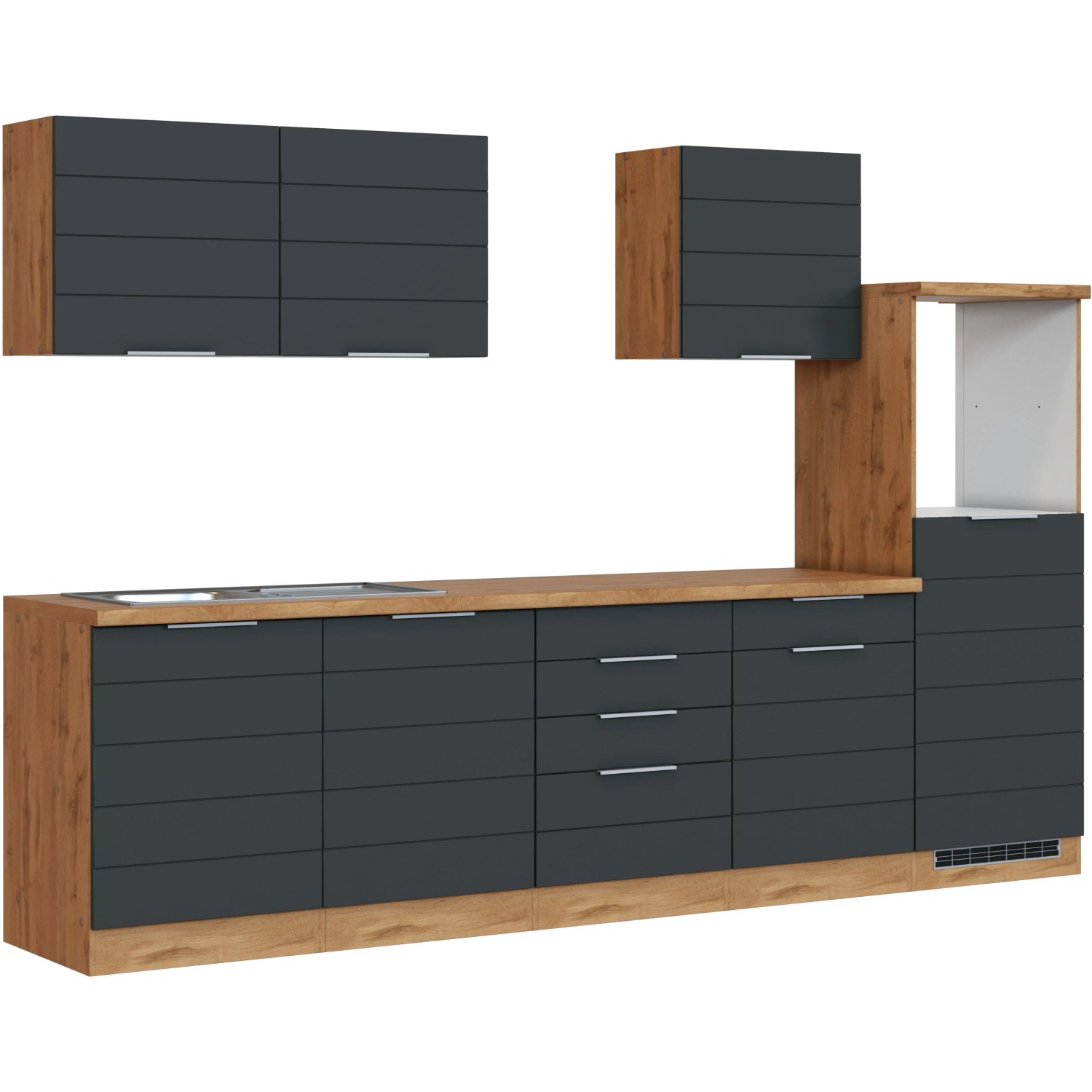Moderne Küchenzeile, 300 cm, matt grau und Wotaneiche Dekor, ohne Elektrogeräte.