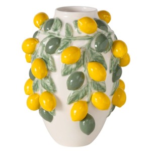Boltze Dekovase Lemon: Runde Vase aus Porzellan mit Zitronen und Blättern in Gelb und Grün.
