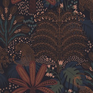 Mehrfarbige Vliestapete Savannah Terra mit Dschungel- und Leopardenmuster.