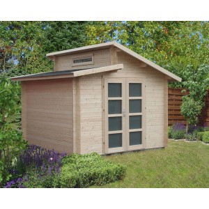 Modernes, braunes Alpholz Gartenhaus Aktiva mit Pultdach, 360x360 cm. Holz-Gartenhaus mit Doppeltür und kleinem Fenster.