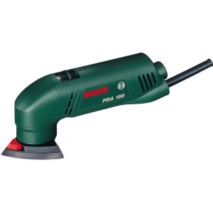 Bosch PDA 180 Deltaschleifer, grüne Schleifmaschine mit dreieckiger Schleifplatte.