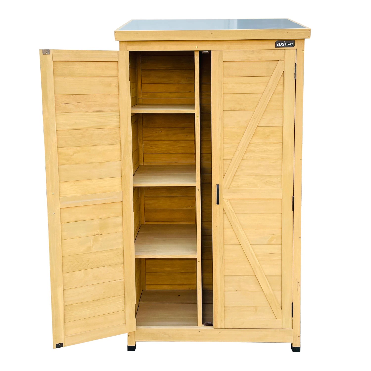 Axi Gartenschrank Hugo aus Holz (braun) mit offenstehender Tür und Regalböden.