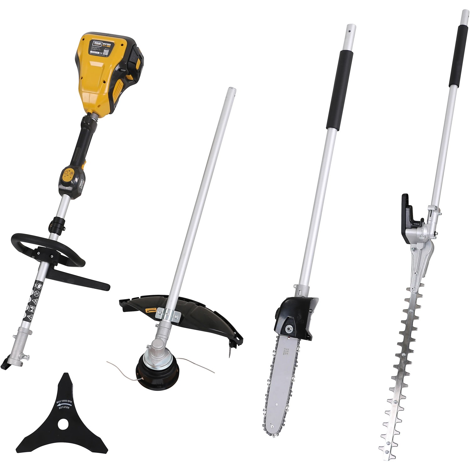 Texas Akku Kombi-System 58V: Multitool mit Trimmer, Kettensäge und Heckenschere.