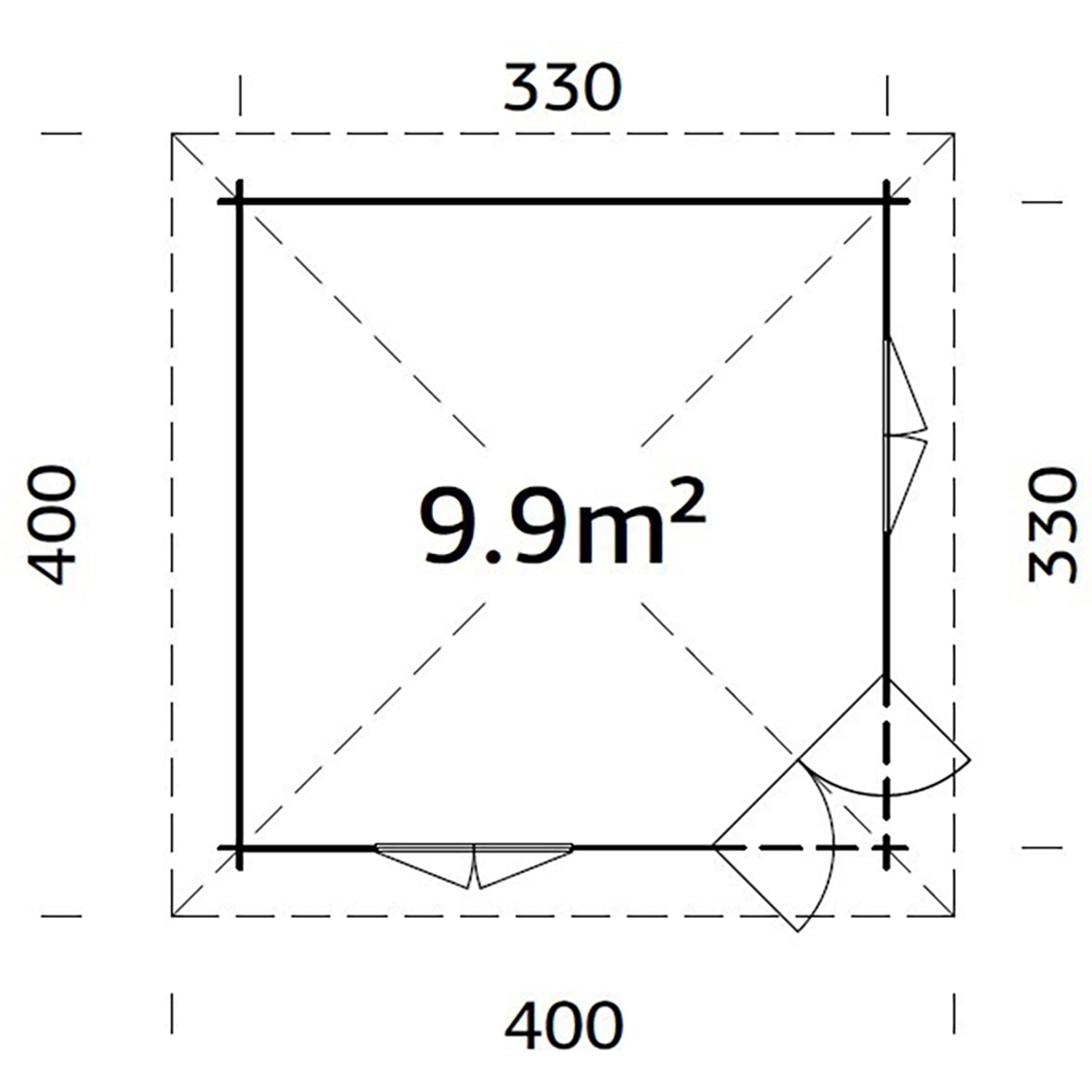 Grundriss Palmako Holz-Pavillon Melanie, 330x330 cm, 9,9 m² Gartenlaube mit Eckeinstieg.
