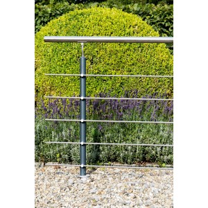 Geländerset IDA mit anthrazitfarbener Stahlstütze, Edelstahl-Handlauf und Rundstäben im Garten. Für Balkon & Treppe.