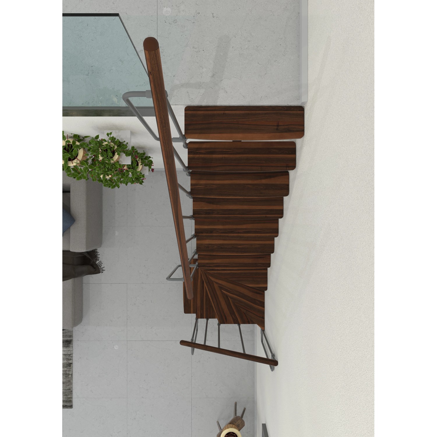 Minka Raumspartreppe Joker Turn in Walnuss-Grau, von oben. Wendeltreppe mit geraden Stufen und grauem Geländer.