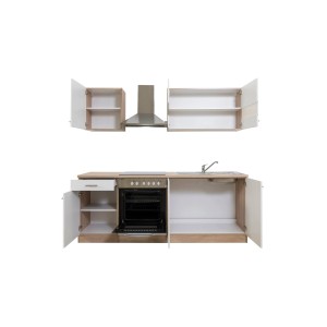 Respekta Küchenzeile KB210ESWC, 210 cm, Weiß/Eiche Sägerau Nachbildung mit E-Geräten und Spüle.