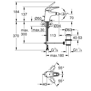 Technische Zeichnung: Grohe Eurostyle Bidetarmatur mit Maßen und Anschlüssen.