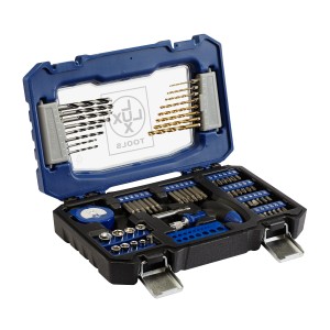 LUX Bohrer- und Bit-Set, 66-teilig im Koffer: Holzbohrer, Metallbohrer, Bits, Stecknüsse, Bandmaß und T-Handgriff.