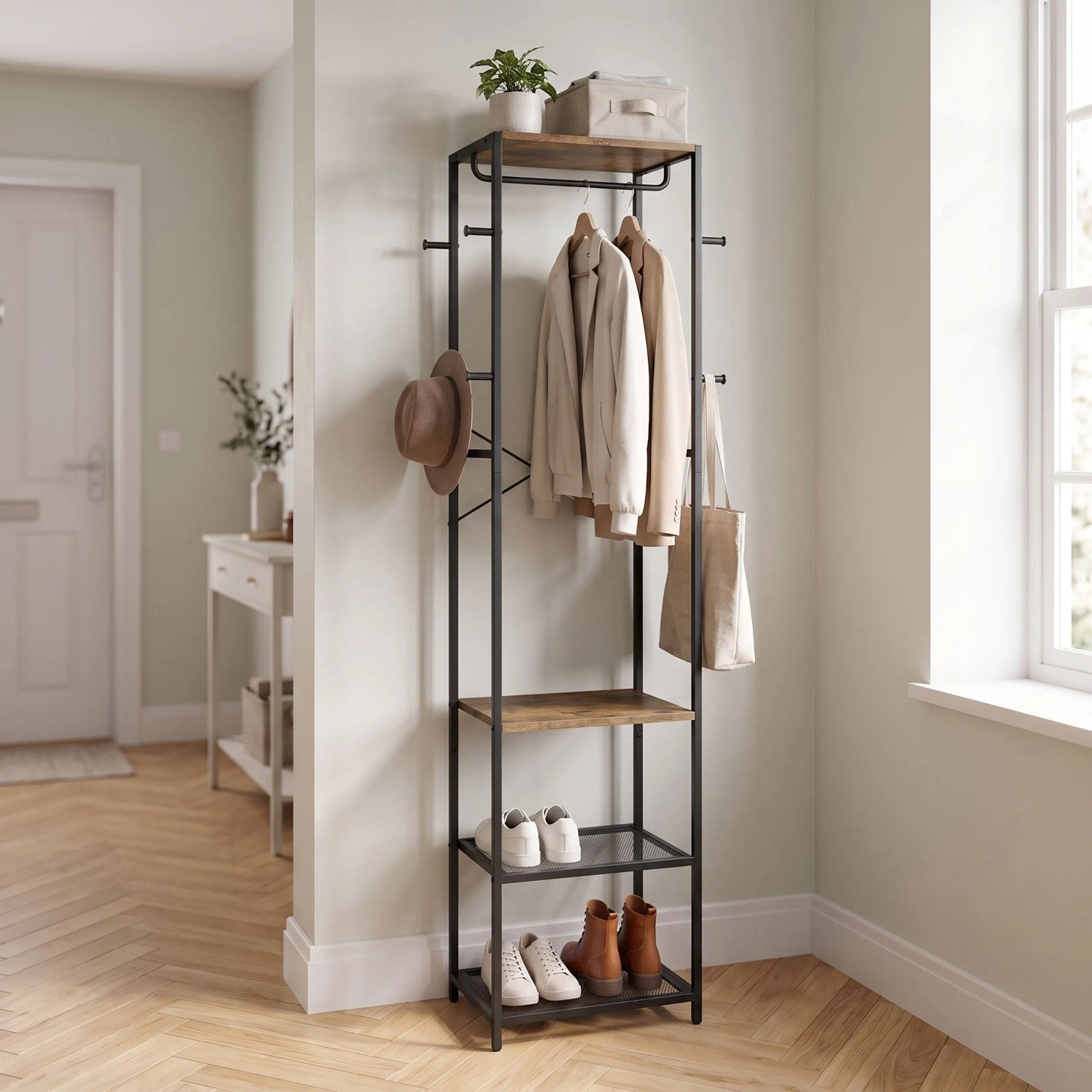 Relaxdays Garderobenständer MDF Eisen Vintagebraun Schmal mit 8 Haken 4 Ablagen Kleiderstange 181 cm x 40 cm x 28 cm 5,6 kg kaufen bei OBI