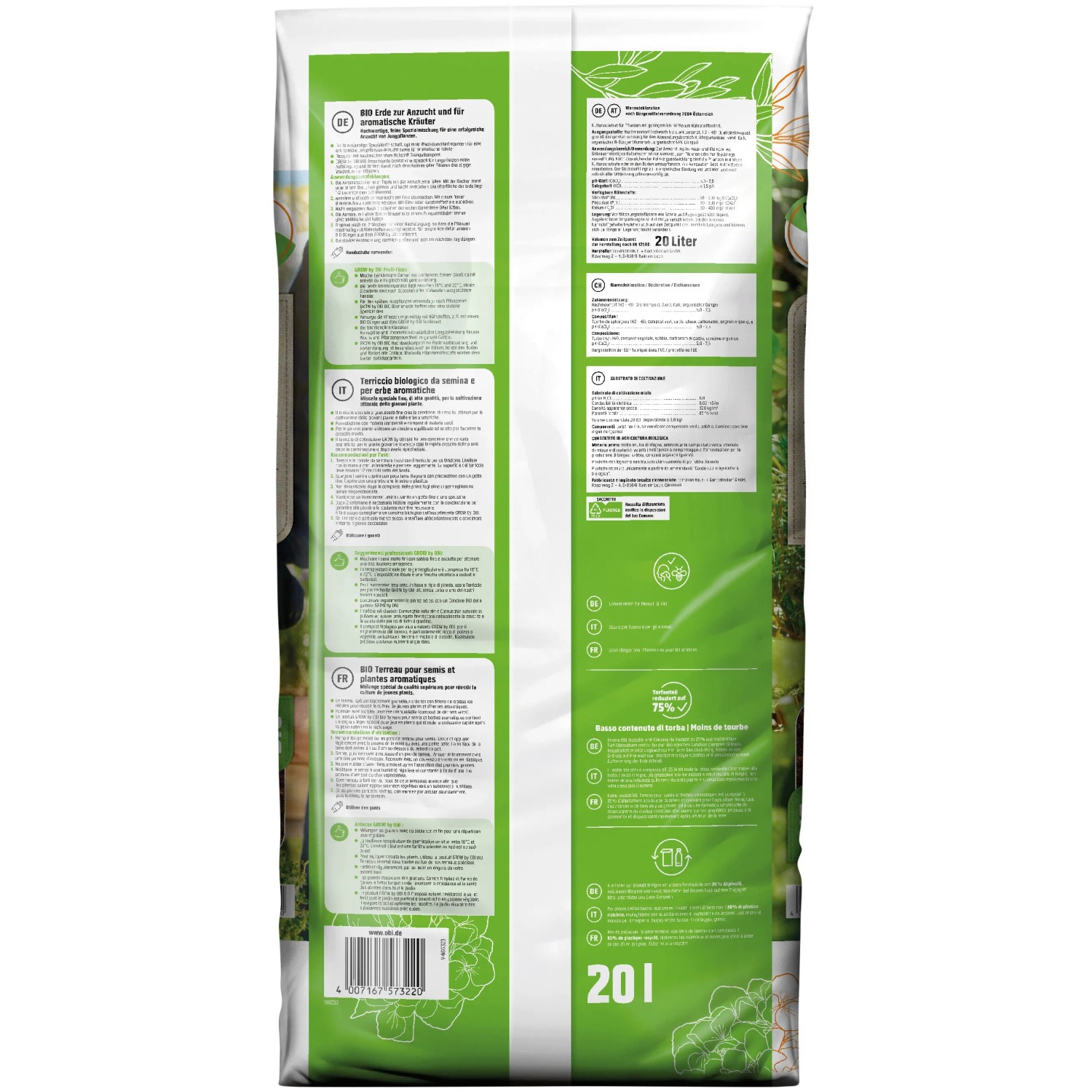GROW by OBI BIO Anzucht- und Kräutererde, 20l Sack, torfreduziert für Jungpflanzen und Kräuter.