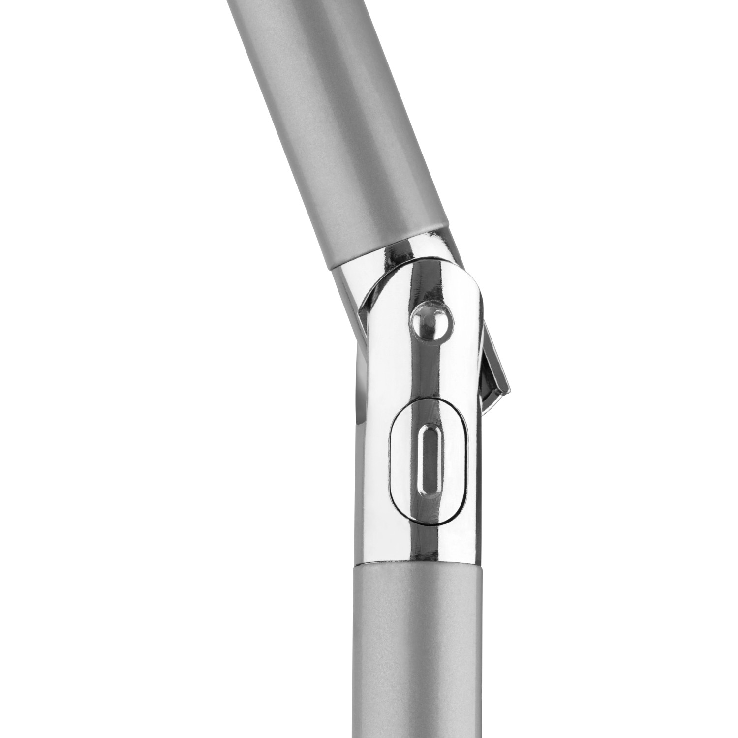 Detailaufnahme: Knickgelenk des Schneider Marktschirms, silberfarben.